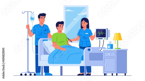 Hospital medical staff takes care of the patient: medical staff attends to a patient lying in a hospital bed, monitoring vitals and providing care. Illustrated in a clean and professional aesthetic.
