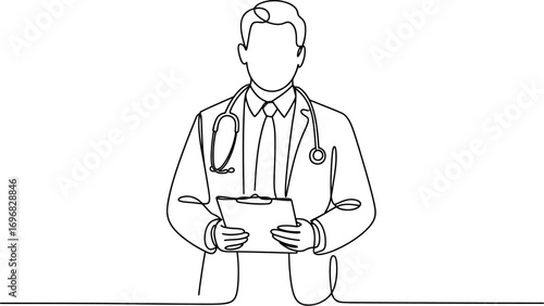 Professional doctor in white coat holding clipboard with stethoscope ready for consultation