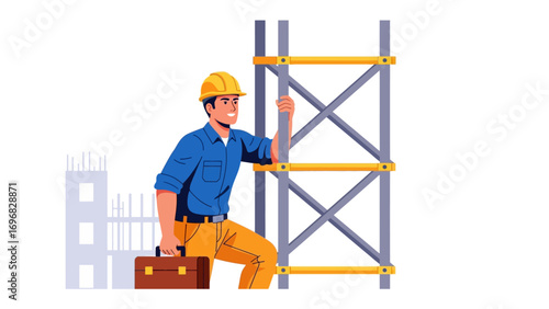 Builder at Work: A skilled builder in a protective yellow helmet and work attire, confidently ascends a metallic framework with a toolbox in hand, representing construction and industry.