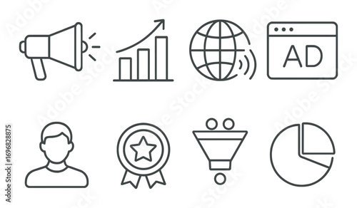 Business growth linear icon set. featuring analytics, chess strategy, settings, path, pie chart, target, calendar, and lightbulb symbols