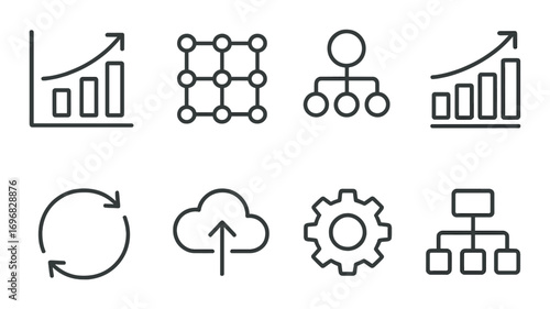 Technology and science linear icons set. featuring light bulb, cube, brain, tools, flask, rocket, gear, pie chart symbols