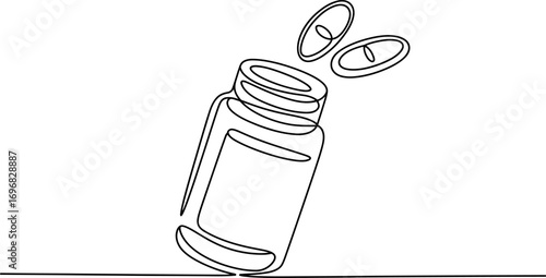 Minimalist one line drawing of a medication bottle with pills floating out, representing health and treatment.