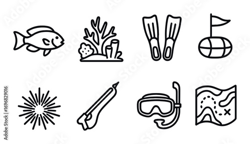 Fishing and diving linear icon set. featuring spear, gloves, harpoon, buoy, spear gun, and oxygen tank icons