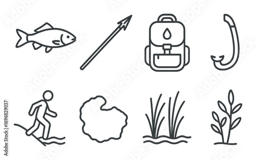Diving equipment linear icon set. featuring speargun, goggles, wetsuit, fins, fish, buoy, line, belt