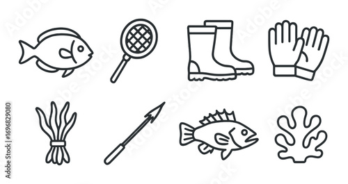 Hunting gear linear icon set. featuring pheasant, bird, pants, cap, boot, cane, game bag, and gun symbols