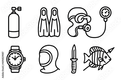 Camping equipment linear icon set. featuring axe, lantern, bottle, rope, net, tent, knife, and hide symbols