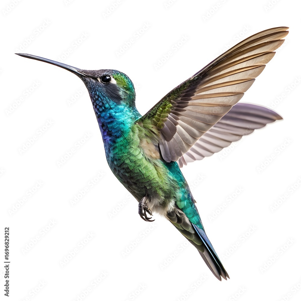 Fototapeta premium Hummingbird in flight with iridescent green and blue feathers