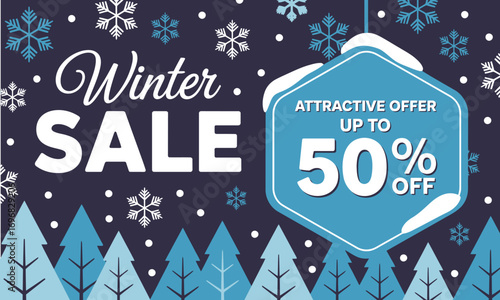 Winter Sale Banner with 50 Percent Discount Promotion, Seasonal Offer Advertisement Template for E-Commerce, Marketing, Online Shopping, and Holiday Clearance in Cold Weather Season