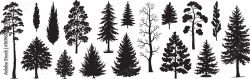 Pine Tree Silhouette Vector Set – Evergreen Forest, Fir, Spruce, Bonsai, and Christmas Nature Icons