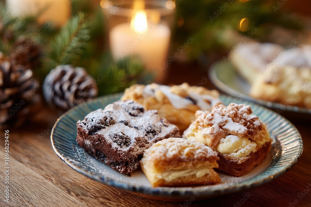 Fototapeta premium Assorted festive pastries arranged on a decorative plate, dusted with powdered sugar, surrounded by pinecones and candles, creating a warm holiday atmosphere for celebration