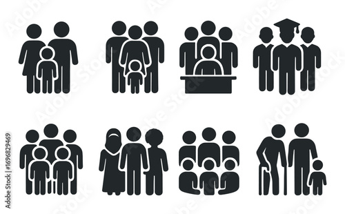 Community and teamwork silhouette icon set. featuring group, huddle, collaboration, circle, and unity symbols