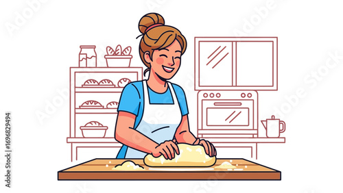 Baking Joy: An illustration of a woman cheerfully kneading dough in her kitchen, embodying the joy of baking, a classic activity with a modern style.