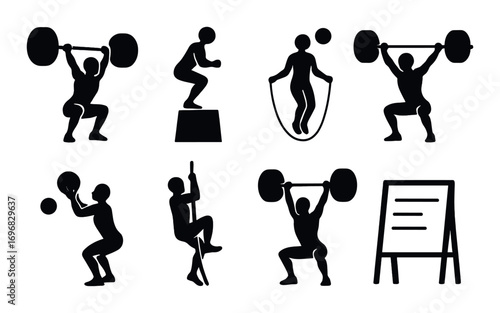 Fashion silhouette icon set. featuring dress, skirt, bra, shoes, shirt, pants, hanger, and mannequin