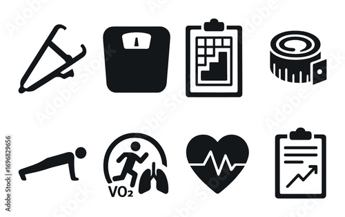 Exercise silhouette icon set. featuring push-up, pull-up, sit-up, plank, handstand, jumping jack symbols