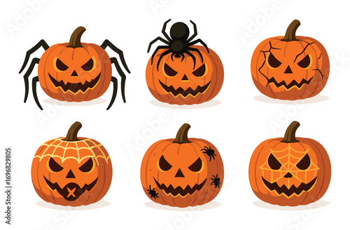 Halloween pumpkin flat icons set. featuring spider, cracked, web, and spooky face designs