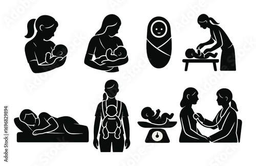Travel essentials silhouette icon set. featuring suitcase, airplane, passport, camera, beach, boots, map, and compass symbols