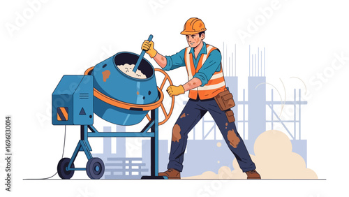 Construction Worker Operating Cement Mixer: A determined construction worker, clad in safety gear, expertly operates a cement mixer, diligently mixing construction material on a construction site.