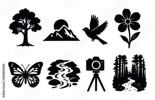 Climbing gear silhouette icon set. featuring vr goggles, climber, flashlight, rope, helmet, stars.