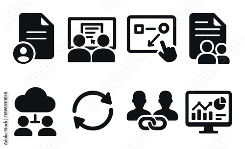 Climbing silhouette icon set. featuring child climber, mini wall, supervision, safety, soft mat, training grip, harness, hold