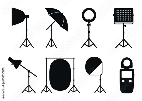 Programming tools silhouette icon set. featuring code, file, braces, function, html, binary, and settings symbols