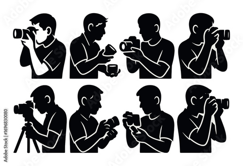Computer equipment silhouette icon set. featuring server, cables, power supply, cooling fan, plug, laptop, pc tower