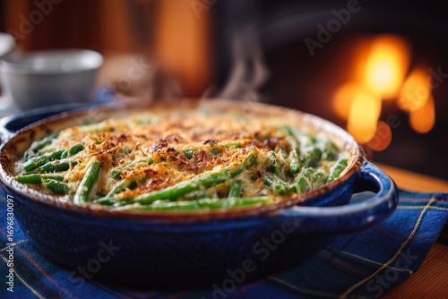Delicious green bean casserole with crispy topping served in a blue dish, steaming hot, placed on a cozy table near a warm fireplace, inviting comfort food experience