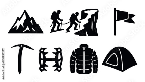 Climbing activities silhouette icon set. featuring bouldering wall, climbing shoes, rope, harness, and chalk bag
