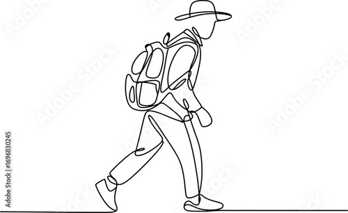 Adventurous hiker with backpack exploring outdoors, depicted in a minimalist continuous line drawing.