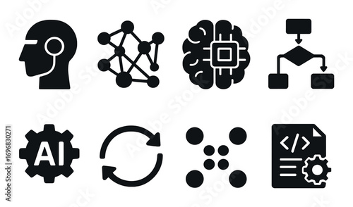 Construction tools silhouette icon set. featuring beam, drill, welder mask, frame, welding, and scaffold symbols