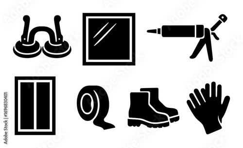 Construction tools silhouette icon set. featuring scaffolding, ladder, board, spade, tube, and bracket symbols