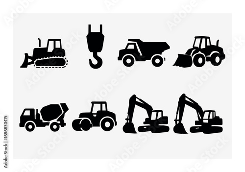Construction equipment silhouette icon set. featuring crane, mixer, excavator, scaffold, blueprint, helmet, and bricks