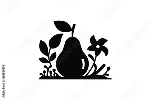 Minimalist graphic depiction of a fresh pear, featuring lush leaves and a charming flower, embodying natural essence and simple beauty, ideal for elegant design