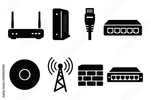 Network equipment silhouette icon set. featuring router, modem, cable, switch, cd, tower, firewall, hub