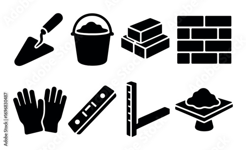 Winter gear silhouette icon set. featuring gloves, jacket, boots, mask, and safety symbols