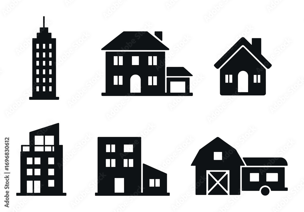 Fototapeta premium Building silhouette icon set. featuring skyscraper, house, villa, cottage, modern apartment, farmhouse.