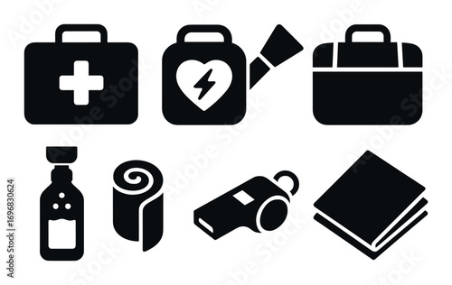 Emergency kits silhouette icons set. featuring first aid, defibrillator, medical bag, bandage, whistle, blanket