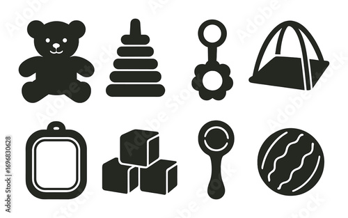 Construction safety equipment silhouette icon set. featuring respirator, vest, harness, boot, barrier, helmet