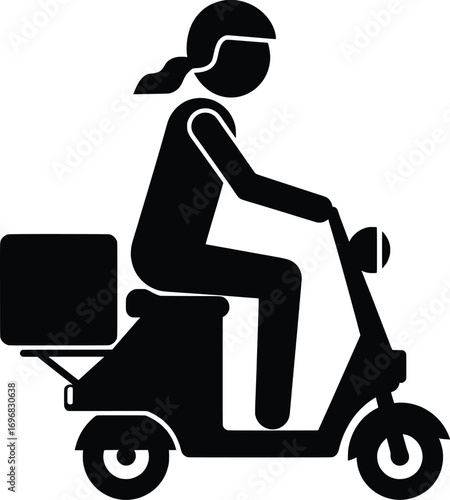 Delivery Action, Female Rider, Urban Setting, Vector Illustration, Dynamic Environment, Side View, Modern Concept Vector of a Woman on a Scooter Delivering Packages