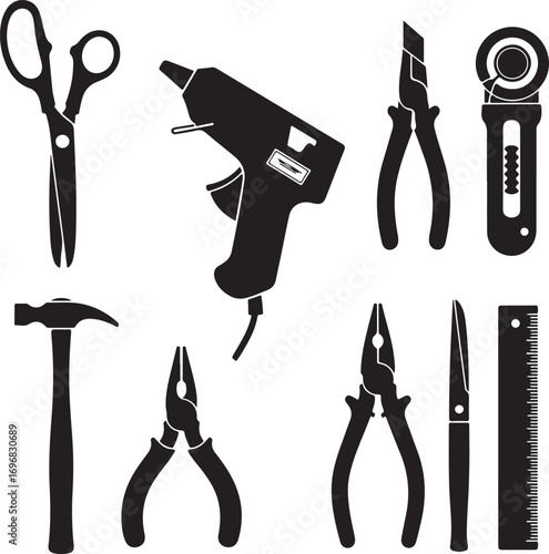 Crafting Tools Collection Silhouettes Featuring Scissors, Glue Gun, Hammer, Pliers, Rotary Cutter, Craft Knife, and Ruler