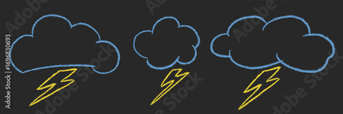 Kids crayon textured hand drawing cloud and lightning icon set. Chalk grunge texture doodle outline naive thunderstorm. Freehand childish pencil scribble. Baby elements. Vector illustration isolated