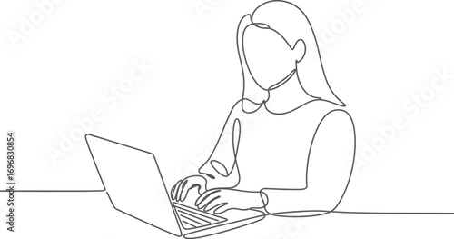 Focused woman working on a laptop with clean single line art style