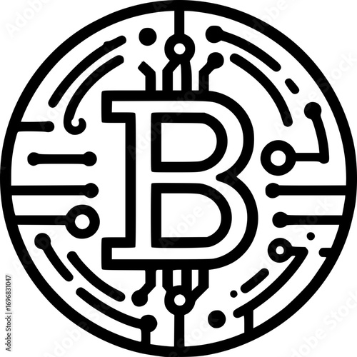 Minimalist black and white vector of a digital coin with circuit pattern, clean line art style, simple cryptocurrency and fintech symbol design