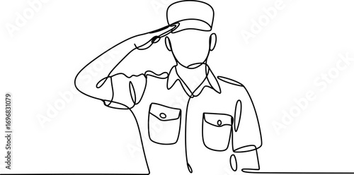 A respectful salute from a uniformed person in a minimalist line art style.