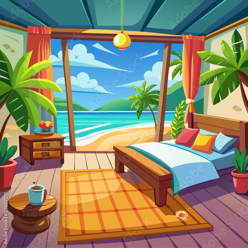 Tropical beachfront resort bedroom cozy view ocean serene relaxation and luxury interior design vector art