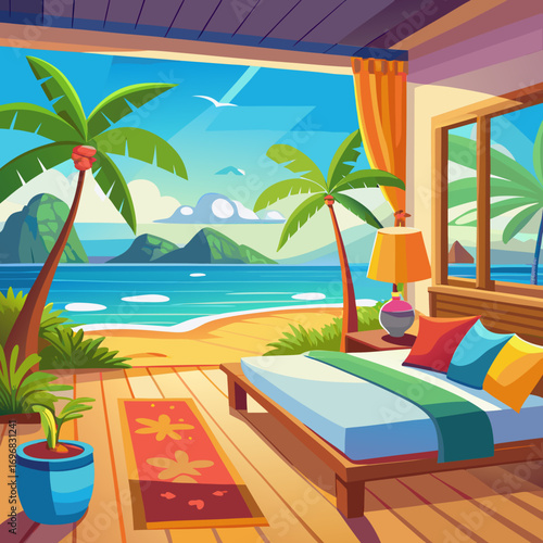 Tropical beachfront hotel room view with ocean palm trees and paradise island scenery
