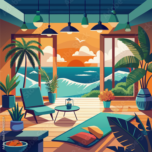 Vibrant beachside living room interior with palm trees and ocean view