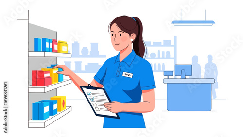 Store Clerk Inspects Inventory: A meticulous store clerk conducts inventory checks, inspecting shelves, stock levels, and maintaining order in a well-organized retail environment.