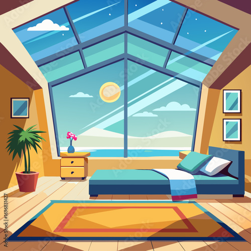 Stylish cartoon vector bedroom with skylight and mountain view for modern living