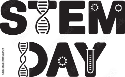 Bold typography celebrating STEM fields with thematic elements.