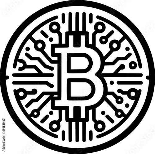 Minimalist black and white vector of a digital coin with circuit pattern, clean line art style, simple cryptocurrency and fintech symbol design